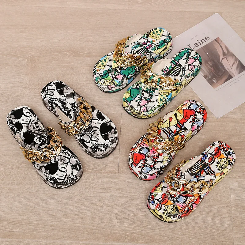 Women's Slippers Summer PU Leather Flat with Chain Flip-flops Plus Size Beach Flatform Shoes