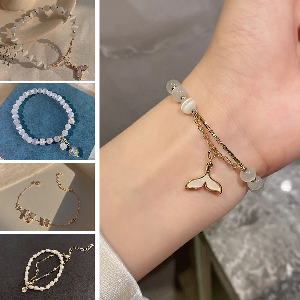 

1pc White Cat Eye Stone Beads Bracelet With Lucky Butterfly Fish Tail Butterfly Pendant Charms Strand Bracelets For Women Female