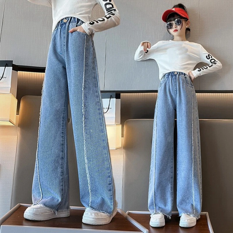 

Girls Jeans 2023 Spring New Fashion Loose Wide Leg Pants for Kids Casual All-match High Waist Young Children Toursers 5- 14 Year
