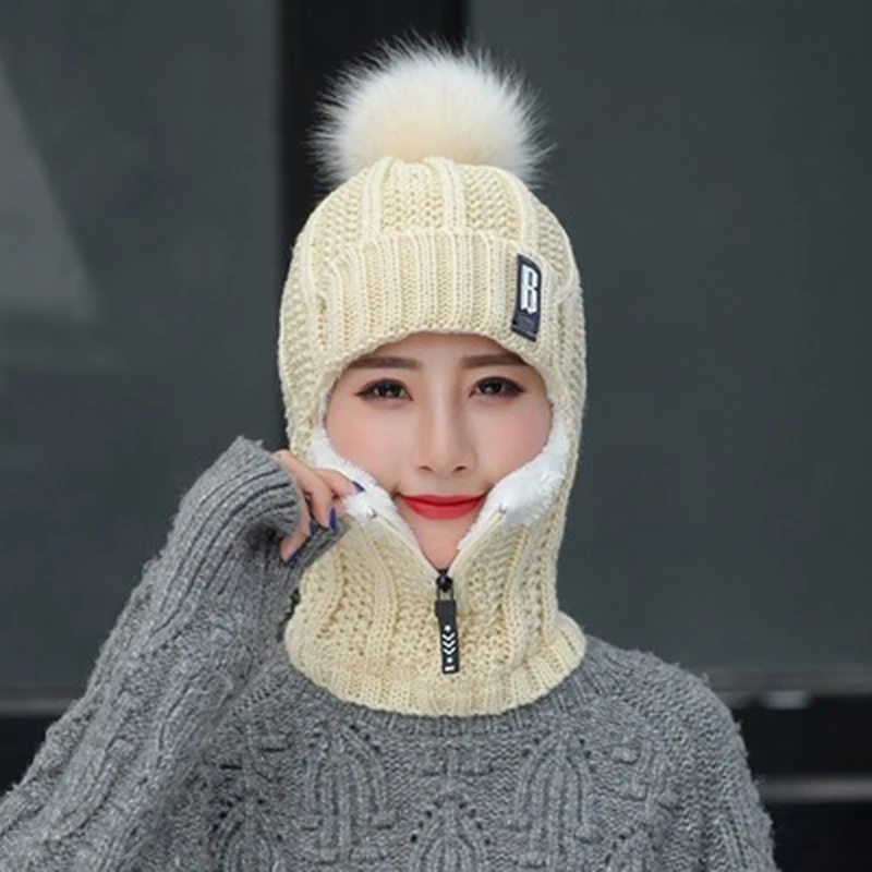 

Winter Women's Knitted Caps Plush Pullover Earmuff Bib Cap for Warmth Bonnet Hivers Femme Strickmütze Pompom Fur Warm Hat