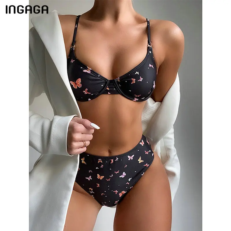 

Женский купальник с завышенной талией INGAGA, бикини пуш-ап 2022, сексуальный купальник с принтом бабочки, бикини, новый купальный костюм, компле...