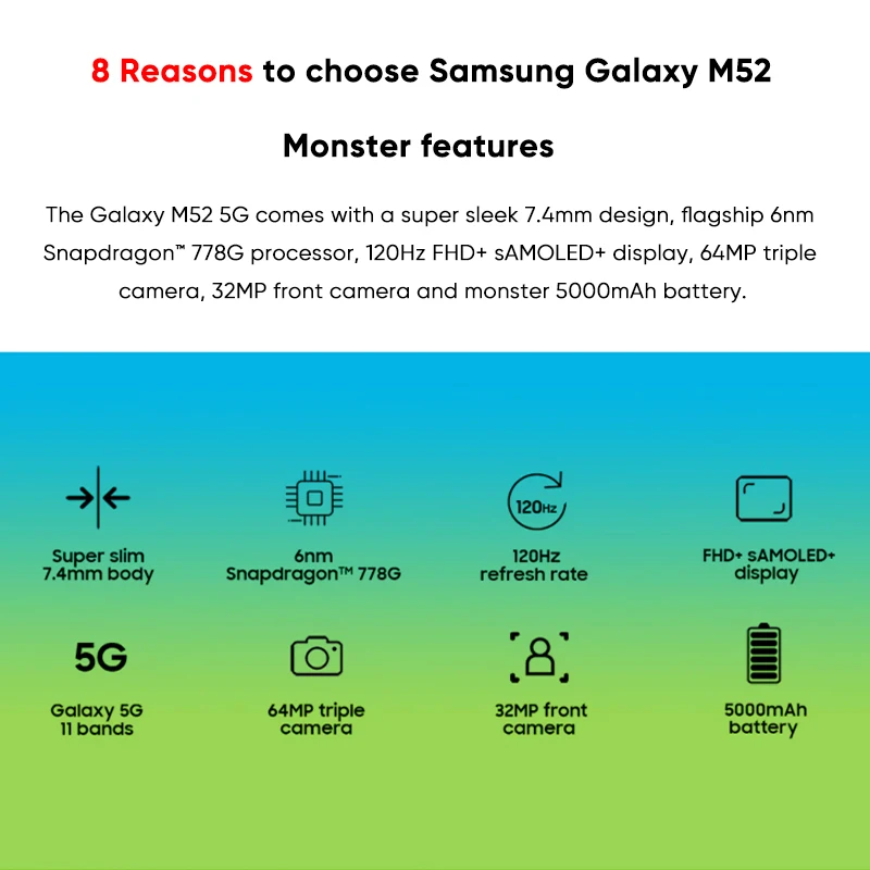 Samsung Galaxy M52 M526bds 5G Smartphone Snapdragon 778G 120Hz Super AMOLED Plus 64MP Triple Cameras 5000mAh Battery Cellphone enlarge