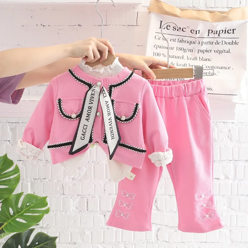 Girls Suits Girls Small Fragrance Suit Children's Solid Color Bow Cardigan Jacket + Trousers Three-piece Set  Girl Outfit Set
