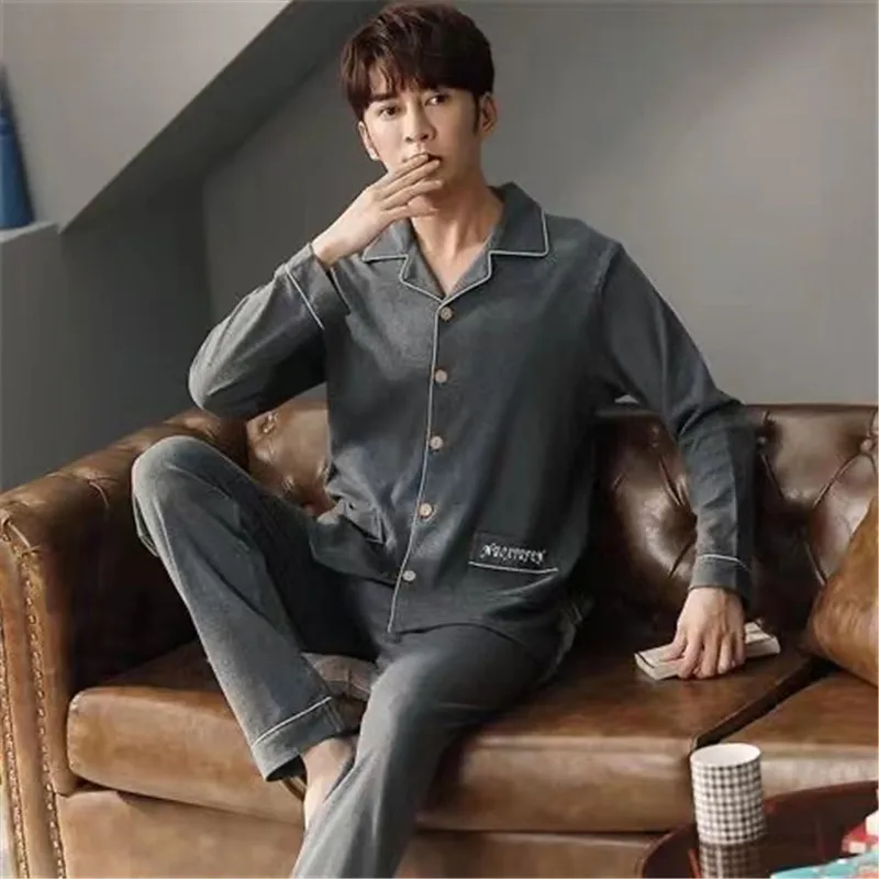 Pajamas Set Men 100% Cotton Spring Sleepwear Plus Size Full Sleeve Long Pants Striped Pyjamas Suits Male Homewear Lounge Wea