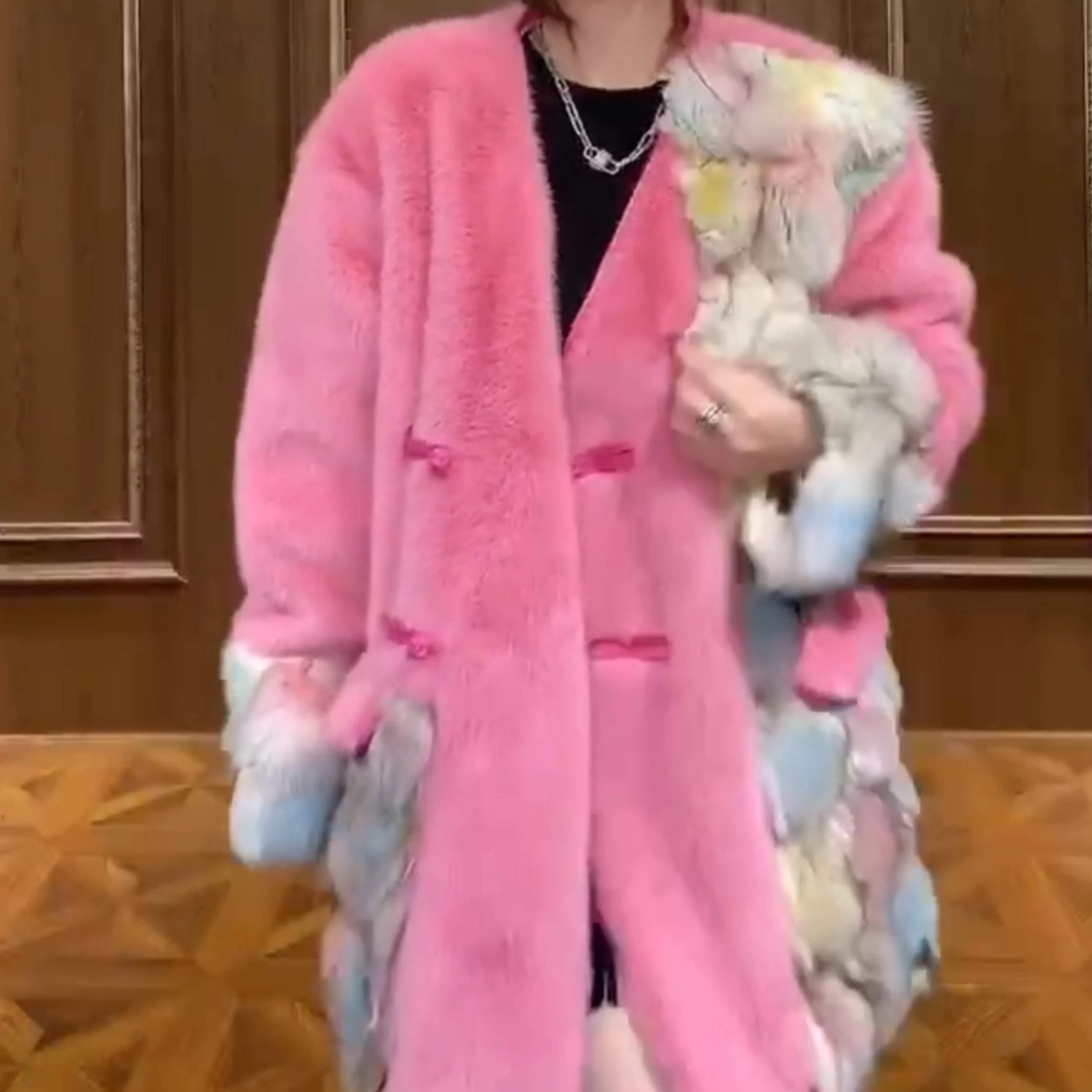 2023 Winter New Imported Fox Fur with European Mink Fur Coat Light Luxury Long Sleeve Jacket Women Mid-Length Warm Slim Coats