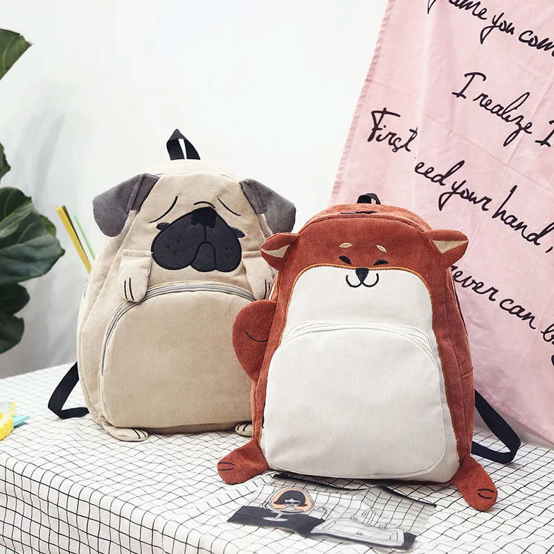 Kids Backpacks Cartoon Puppy Funny Animal Dogs Corduroy Parent-child Women's Cute Soft Girl Large Capacity School Bags