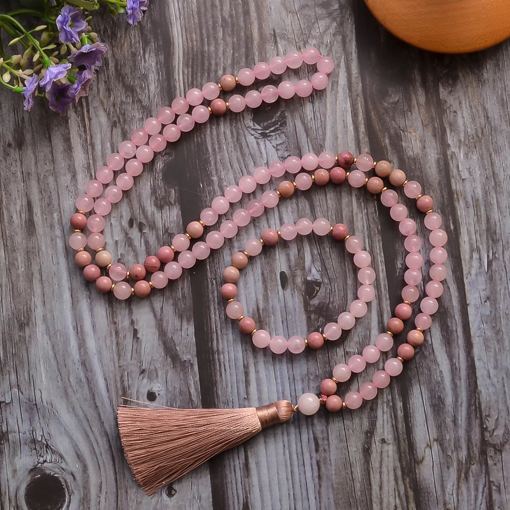 

Ожерелье из розового кварца с бусинами 8 мм, медитация молитва йоги, ювелирные изделия с браслетом, кисточкой, Розарий для женщин 108 Mala