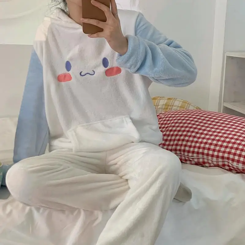 

Sanrio Kawaii Cinnamoroll My Melody Kuromi аниме мультфильм пижамы для девочек зимняя новая Домашняя одежда плюс бархатный плотный костюм из двух частей