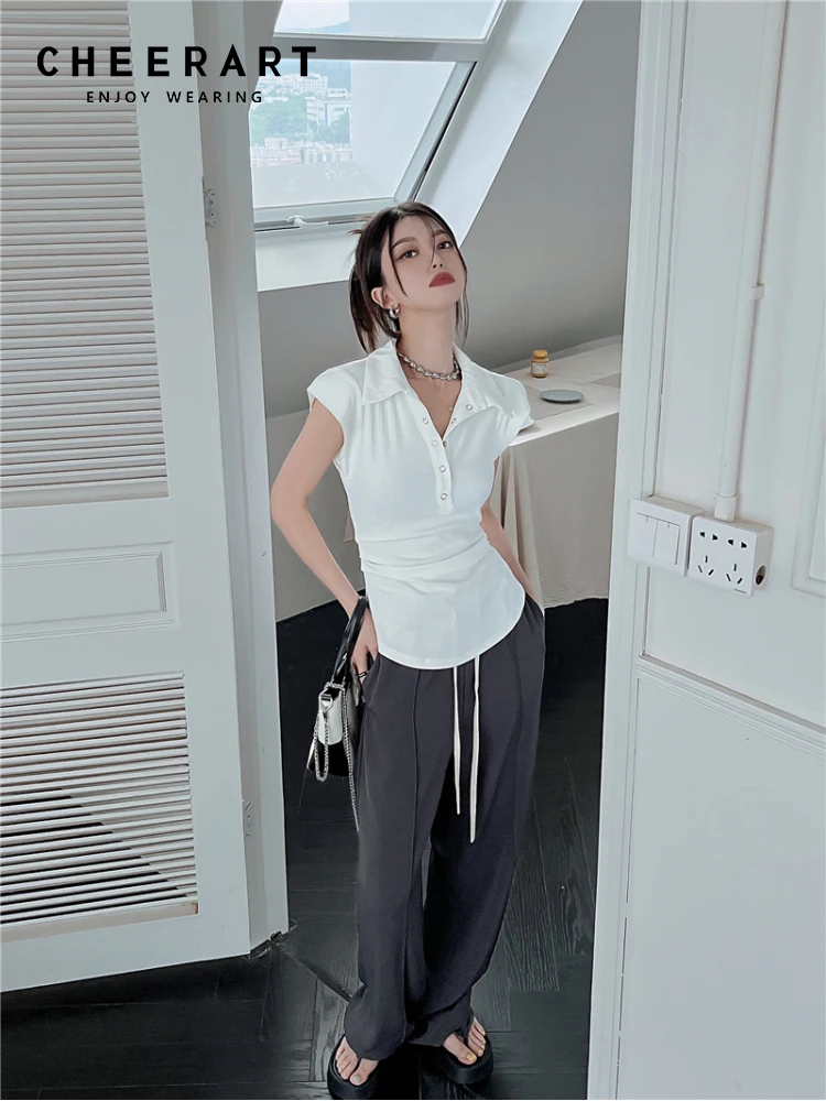 

CHEERART трикотажная рубашка без рукавов с воротником на пуговицах для женщин 2022 летний топ и Блузка белый черный корейская модная одежда