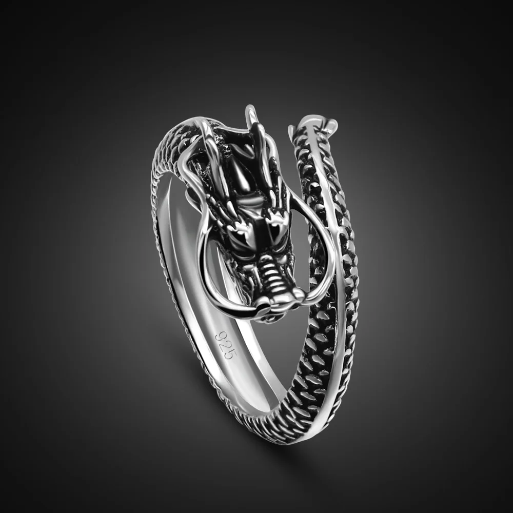 

925 Silver Zodiac Dragon Ring Men's trendy style personality retro Thai Silver opening adjustable ring women's index finger ring