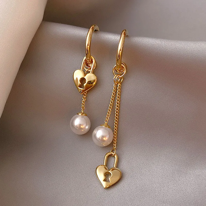 Trendy Korean Asymmetric Heart Lock Pearl Drop Earrings For Women Gold Color C Shape Long Tassel Earrings  Wedding Party Jewelry