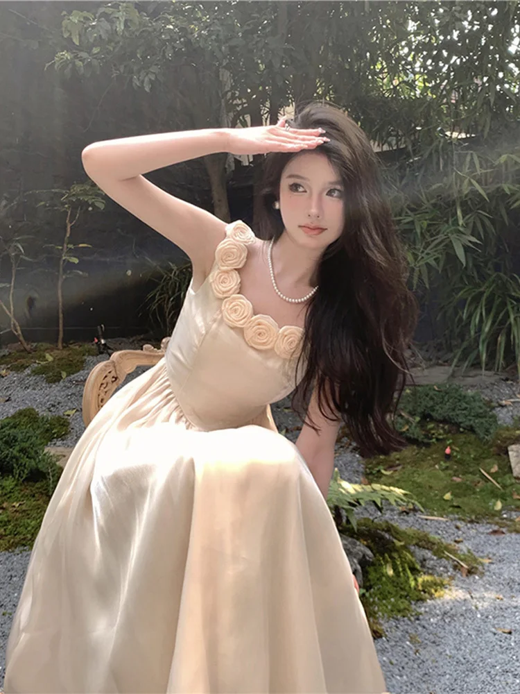 

Женское платье на бретельках, длинное платье цвета шампанского с квадратным вырезом и высокой талией, лето 2019