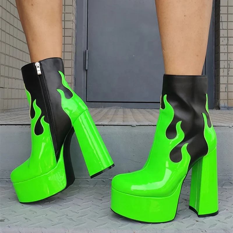 Beautiful Pink Black Contrast Color Platform Women Boots High Chunky Heel Ankle Boots Winter Shoes Big Size 47