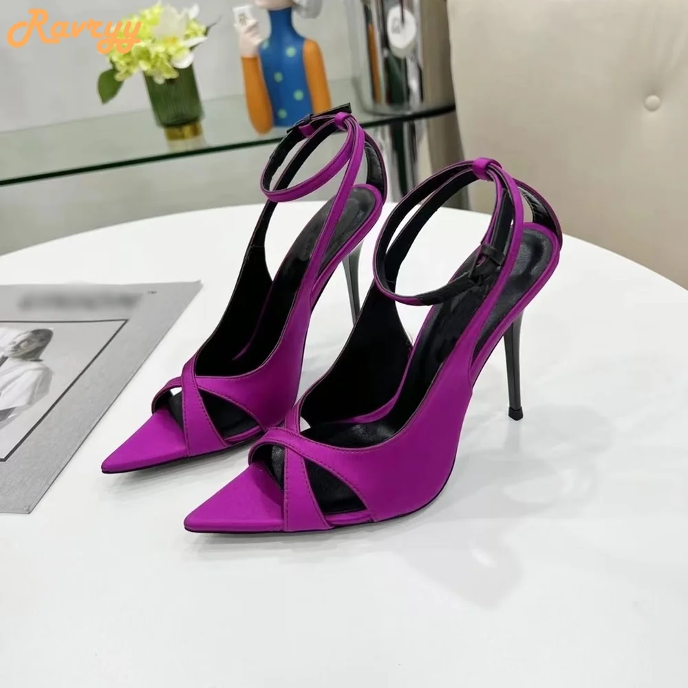 2022 New Satin Hollow Sandals Pointed Toe Stiletto Heel Shallow High Heels Ankle Strap Women Fashion Casual Black Purple Sandals