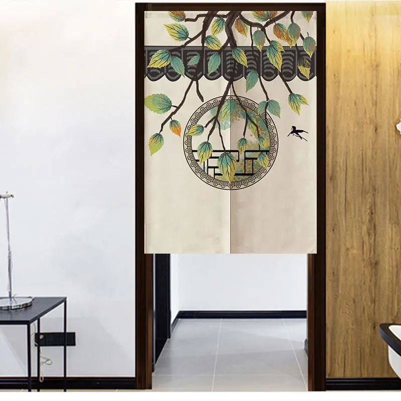 

Chinese Painting Door Curtain Green Leaf Wall Noren Curtains Kitchen Partition Bedroom Hanging Curtain Bath Feng Shui Curtains