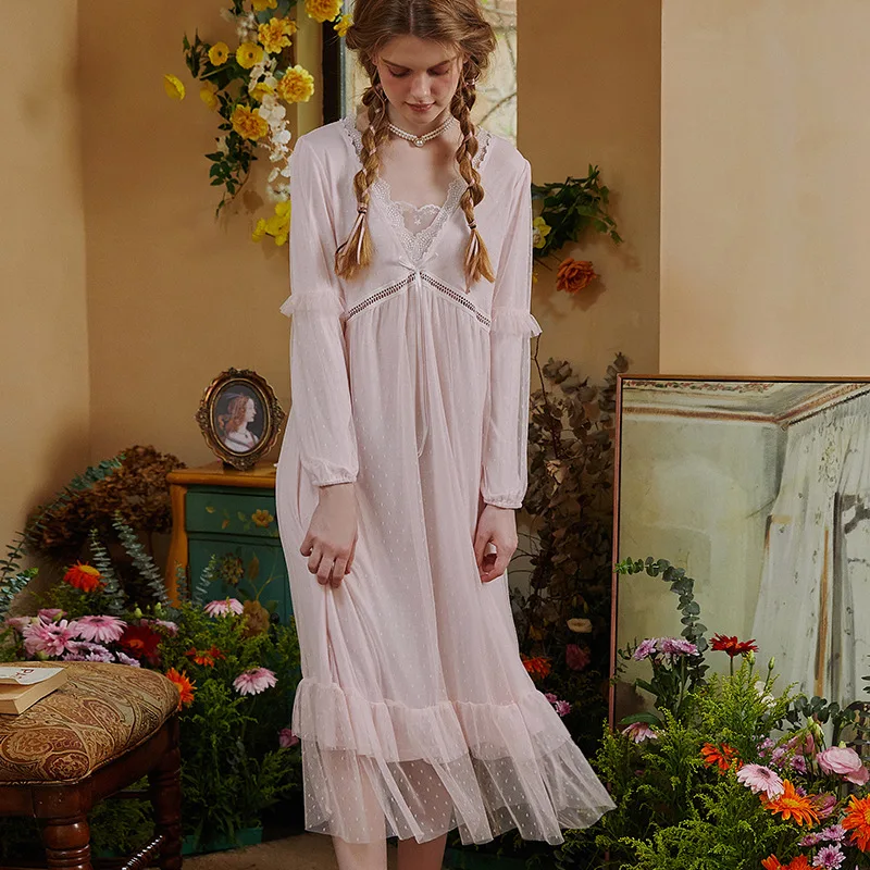 New Women's Spring Autumn Bowknot Lace Gauze Splicing Cotton Lining Nightgowns Sleepshirts Sleepwear Pajama