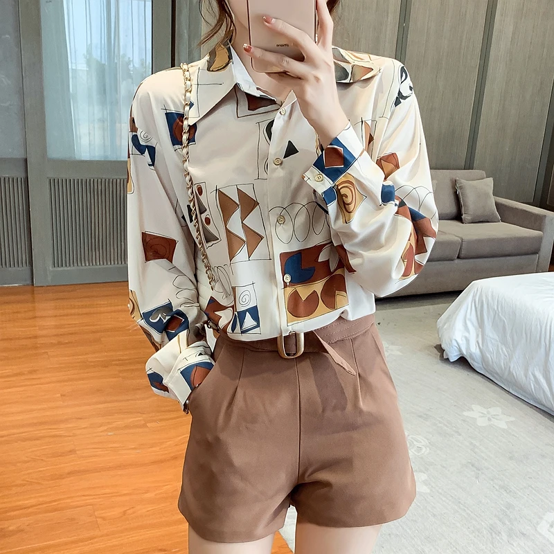 

Summer Printing Shirt Chiffon Women's Blouse Korean Style Long Sleeve Top Casual Loose Fashion Female 2022 New Clothing