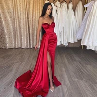 sevintage red high side split satin mermaid prom dresses sequined pleat ruched evening dress sweetheart wedding party gown 2022