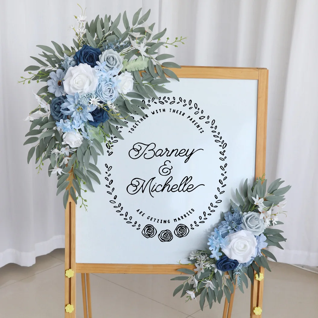 

2pcs Wedding Welcome Plaque Flower Birthday Banquet Signage Decoration Flower Wedding Haze Blue Arch Flower Decoration