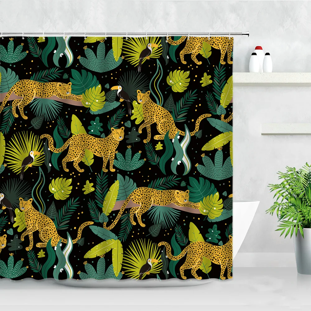 

Plant Africa Leopard Shower Curtain Tropical Palm Leaf Zebra Toucan Flamingo Jungle Wild Animal Bathroom Decor Bath Curtains Set