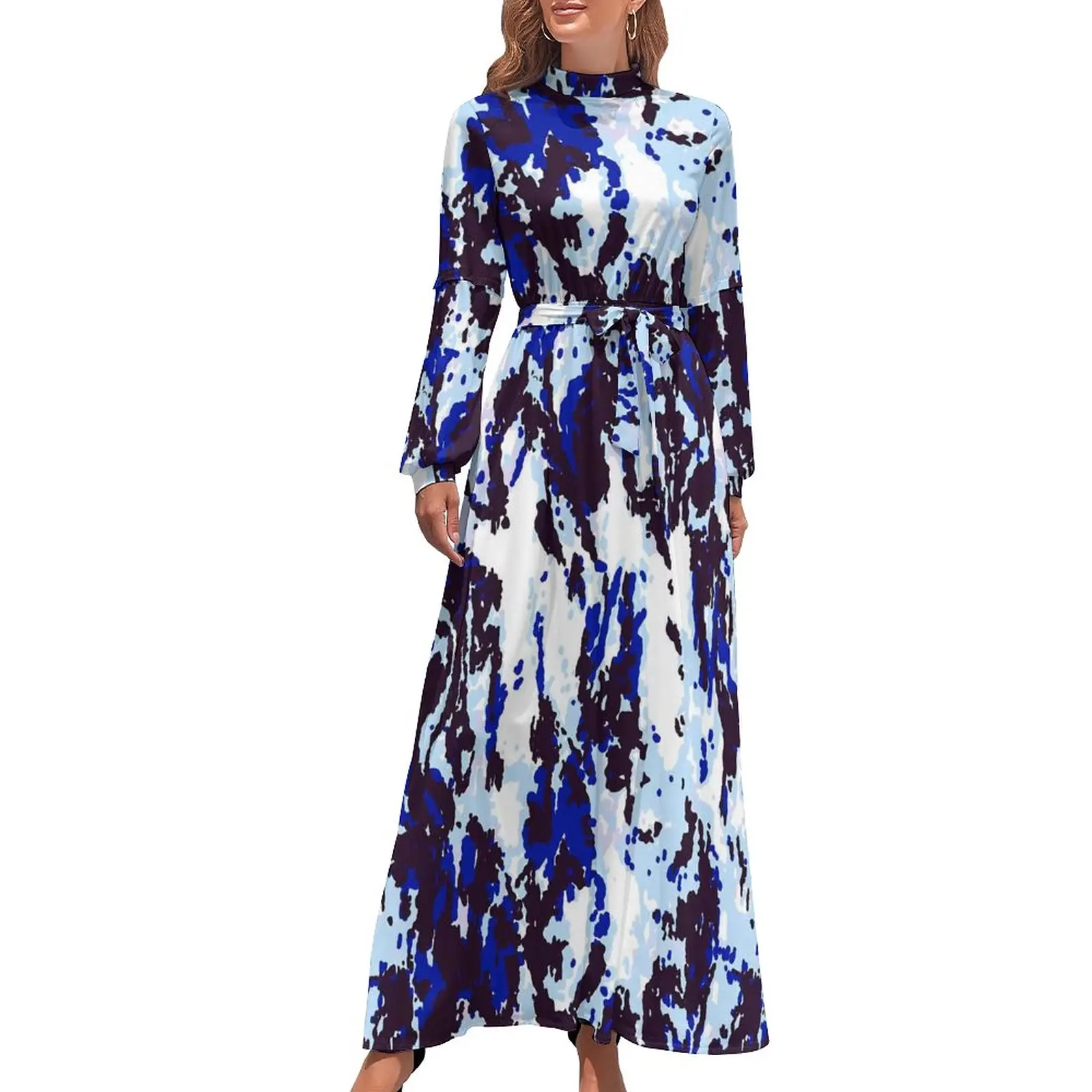 

Tie Dye Pattern Dress Long-Sleeve Blue Camouflage Elegant Maxi Dress High Neck Stylish Custom Boho Beach Long Dresses Gift