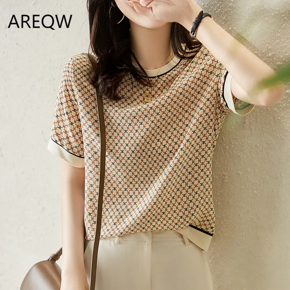 

Satin Print Contrast Round Neck Chiffon TopsFemale T Shirts