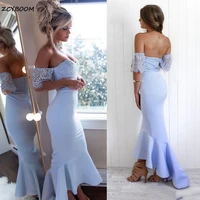 2022 sky blue elegant strapless satin dresses mermaid appliques backless off the shoulder short sleeves wedding party dress
