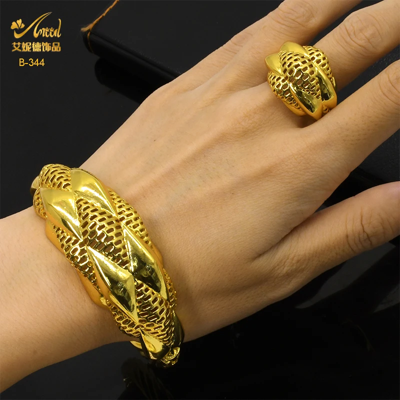 

Ethiopia Dubai 24K Gold Plated Bangles Bracelet With Ring Copper Jewelry For Ladies Gentlemen Party Banquet Gifts Wholesale