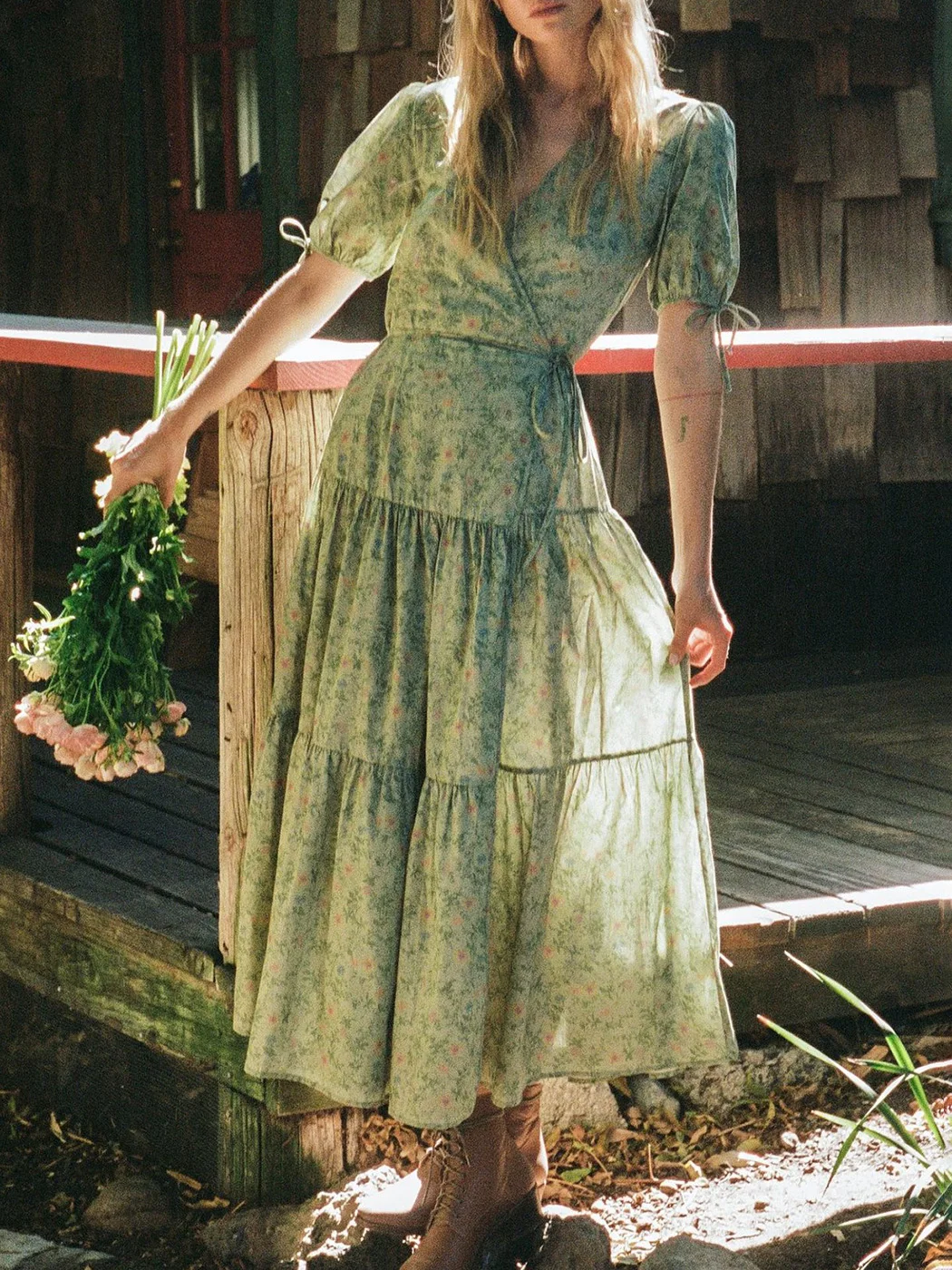 

French Style Floral Print Elegant Midi Dress Women Lace Up V Neck Puff Short Sleeve Ruffle Hem Dresses Vintage Summer Vestidos