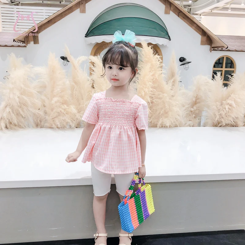

Summer Baby Girls Outfits Plaid Shirt Short Sleeve Oxford Cotton Kids Top Clothing Fashion Children's Clothes
