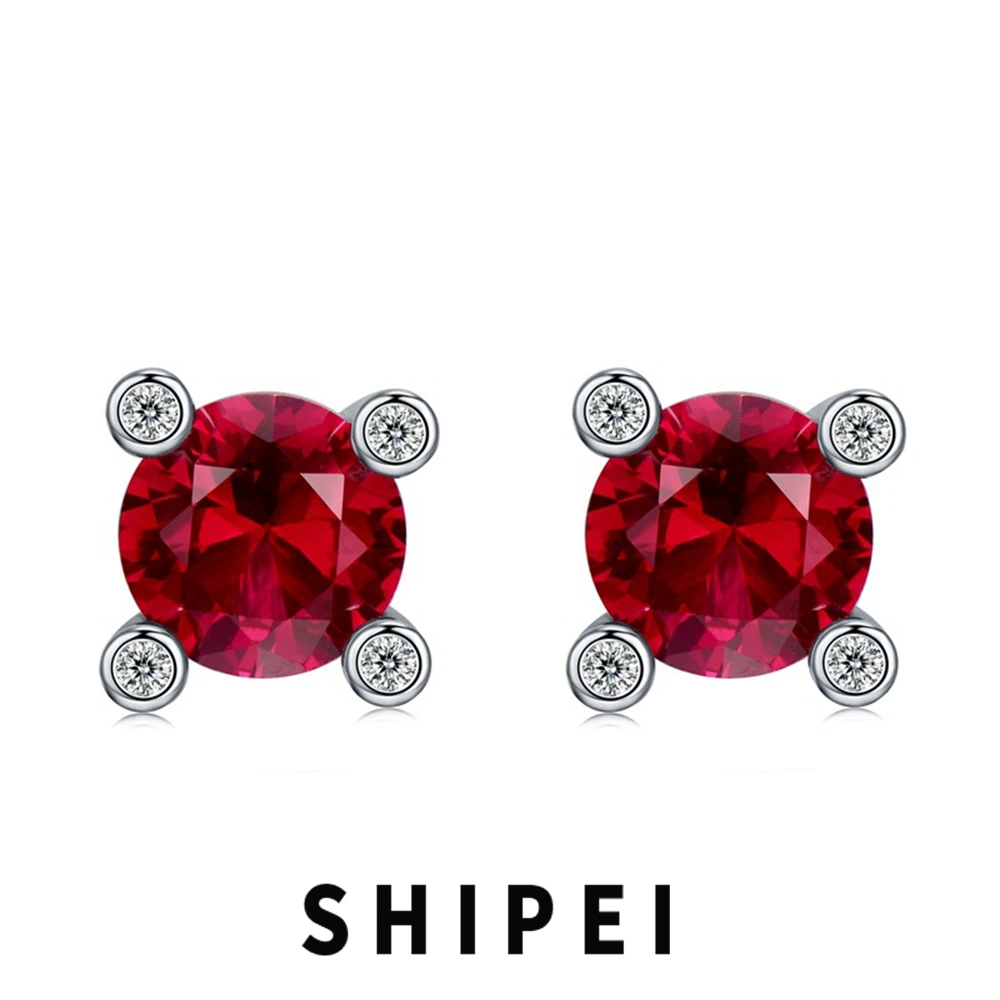 

SHIPEI Vintage Solid 925 Sterling Silver Round 2 CT Ruby Gemstone Ear Studs Earrings Wedding Engagement Fine Jewelry For Women