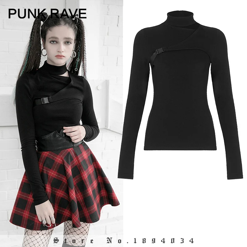 

Женская футболка в стиле Панк RAVE, простая пикантная футболка с длинным рукавом и ажурным воротником, готический Повседневный теплый топ, од...