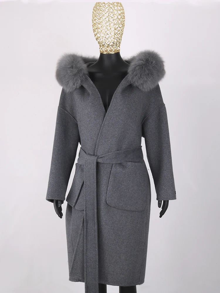 Winter Women Casual Long Jacket Real Fur Coat Genuine Fox Fur Collar Cashmere Wool Blends Streetwear Loose Fashion Outerwear