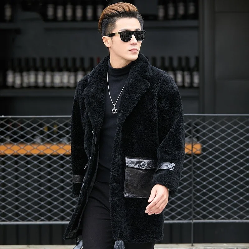 

New Fashion Mens Sheep Shearing Coat Leather Pockets Business Man Mid Long Lamb Overcoat Autumn Winter Wool Real Fur Jacket