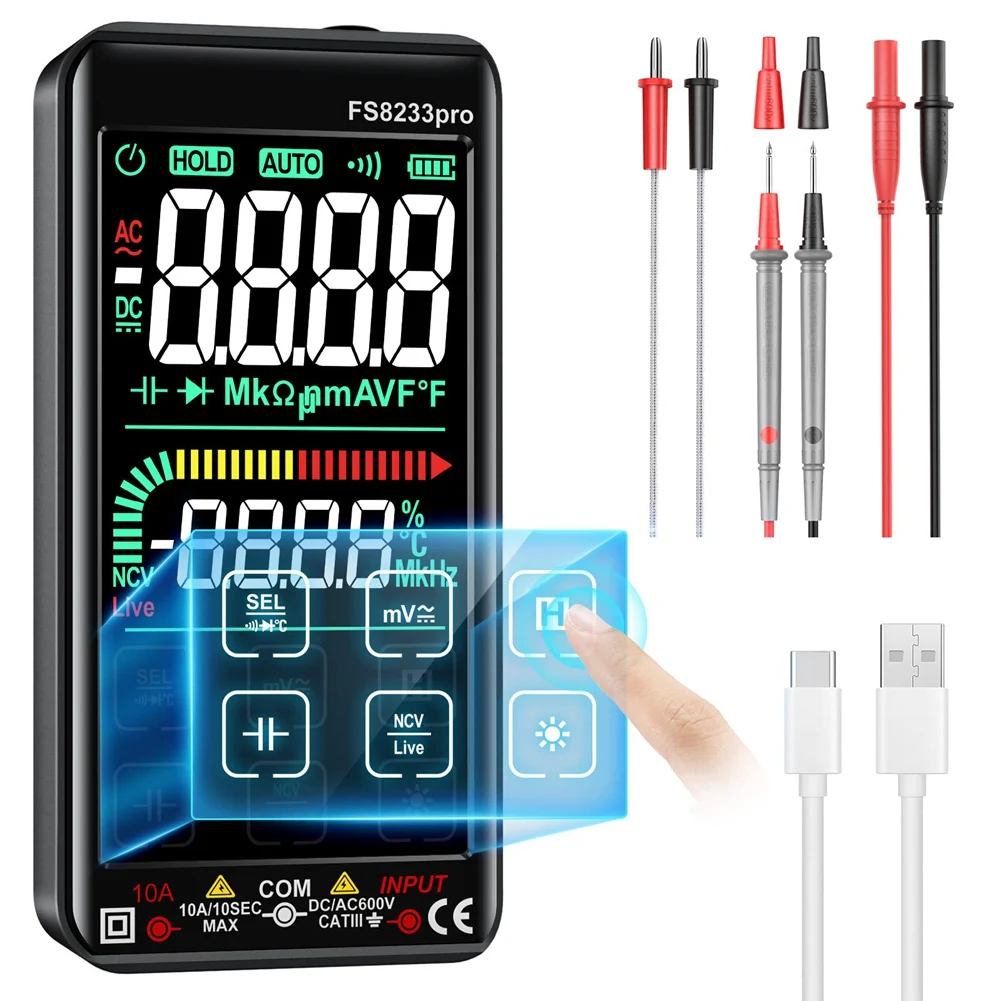 

FS8233Pro Smart Digital Multimeter Touch Screen Multimetro Transistor 9999 Counts True RMSAuto Range DC/AC 10A Meter