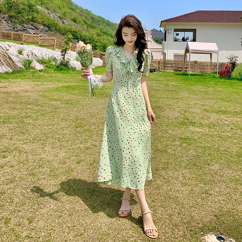 

Summer Dress 2023 Green Polka Dot Ruffled Lace-up Chic Puff Sleeve Chiffon Slim Long Midi Dress Casual Out Going