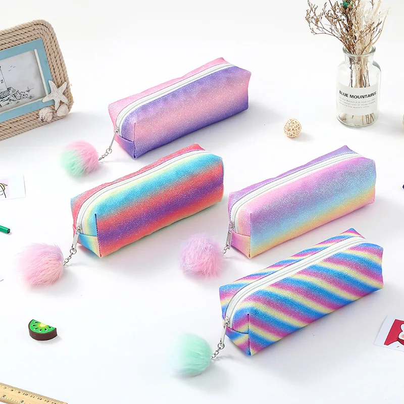 

Rainbow Pencil Bag Fashion Shiny Pink Large Capacity Storage Pouch for Kid Women Home School Office Stationery Desk Organization