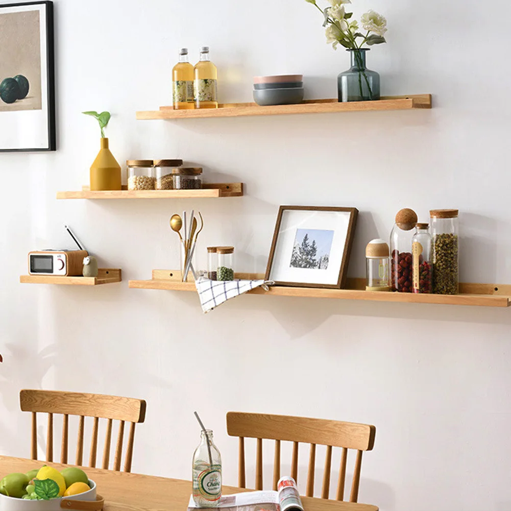 

Punch Free wooden floating shelves for wall Mount Space Saving Wood Hanging Shelf TV Background Wall Decor Ornaments Storage Rac