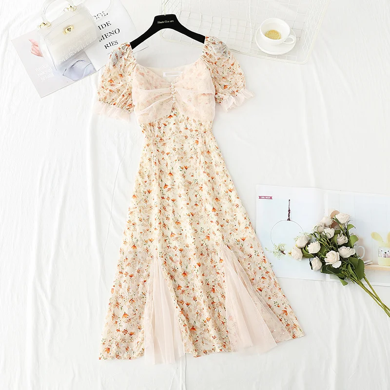 

Summer French Floral Chiffon Mesh Midi Dress Women Elegant Fairy Sweet V-neck Waist Slim Party Dresses Temperamen A-line Skirt