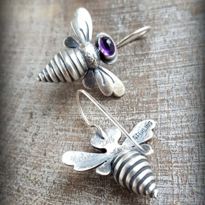 

Vintage Amethyst Bee Drop Earrings for Women Ethnic Antique 925 Silver Needle Piercing Dangle Earrings Jewelry pendien