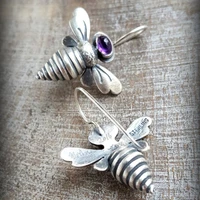 vintage amethyst bee drop earrings for women ethnic antique 925 silver needle piercing dangle earrings jewelry pendien