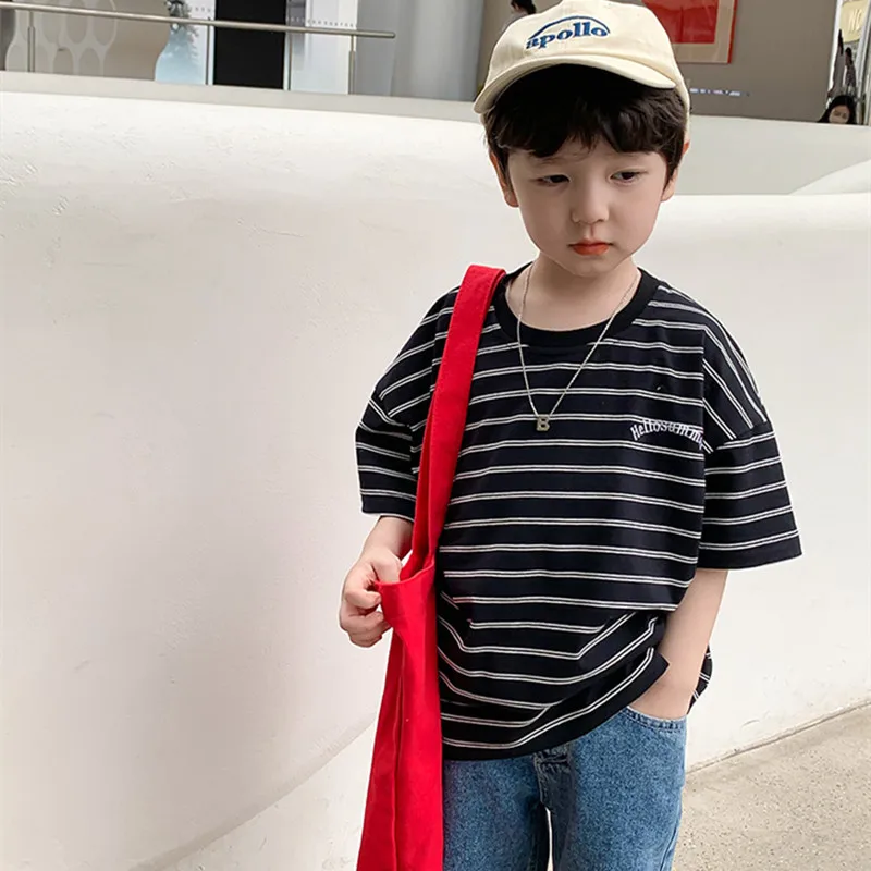 

Summer boys fashion striped short sleeve T shirts children contrast color cotton loose Tops