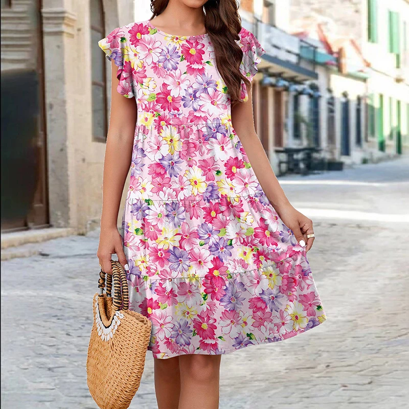 

Fashion Flower Print Ruffle Sleeve Dress Temperament Elegant Beach Vacation Fresh Skirt Boho O Neck Knee Length Female Dress