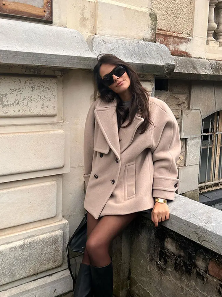 

Женское Короткое шерстяное пальто, однотонное двубортное Свободное пальто с отложным воротником для офиса и улицы, осень 2023