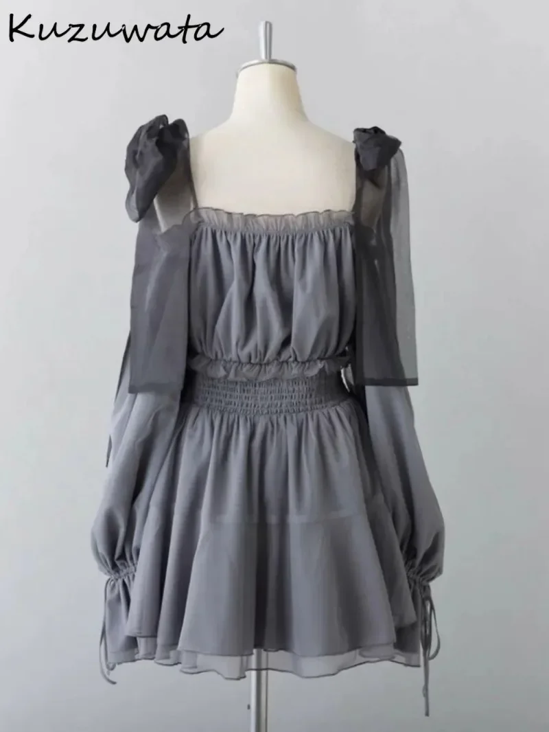 Kuzuwata Sweet Slash Neck Puff Sleeve Рубашка средней длины с открытыми плечами и бантом на