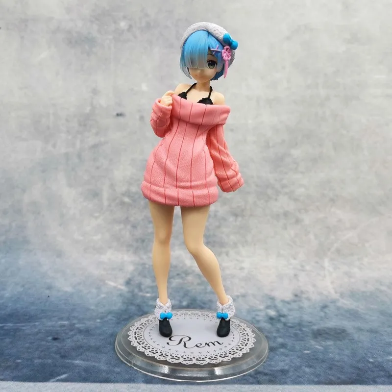 

24CM Re:Life In A Different World From Zero Rem Anime Figure Winter Pink Sweater Kawaii Girl Static Desktop Collection Toys
