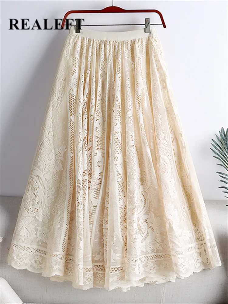 

REALEFT 2022 Spring Summer Women's Skirts Vintage Solid Color Hollow Out Lace Large Swing High Waist Ladies A-Line Skirt Female