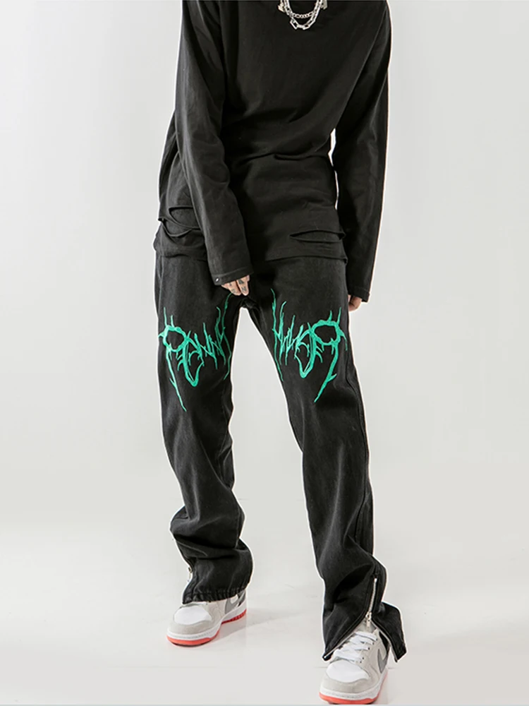 High Street Washed Embroidered Y2K Men's Hip Hop Jeans Plus Size Loose Straight American Men's Rap Hip Hop Side Zipper Trousers