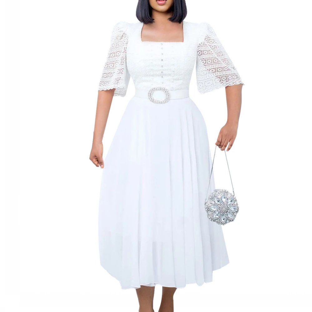 

Женское шифоновое платье в стиле пэчворк, элегантное офисное платье с квадратным вырезом, однотонное Повседневное платье с широкой юбкой и открытыми рукавами, лето