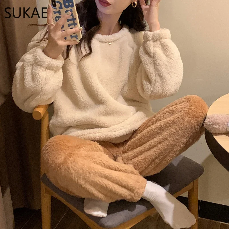 Новинка 2023 года зимний теплый женский пижамный комплект SUKAE однотонные пижамы в